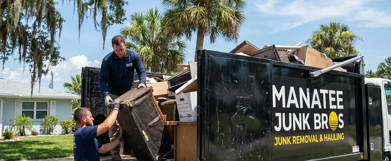 Manatee Junk Bros team members lifting heavy debris into a branded dump truck outside a residential home in Bradenton, FL.