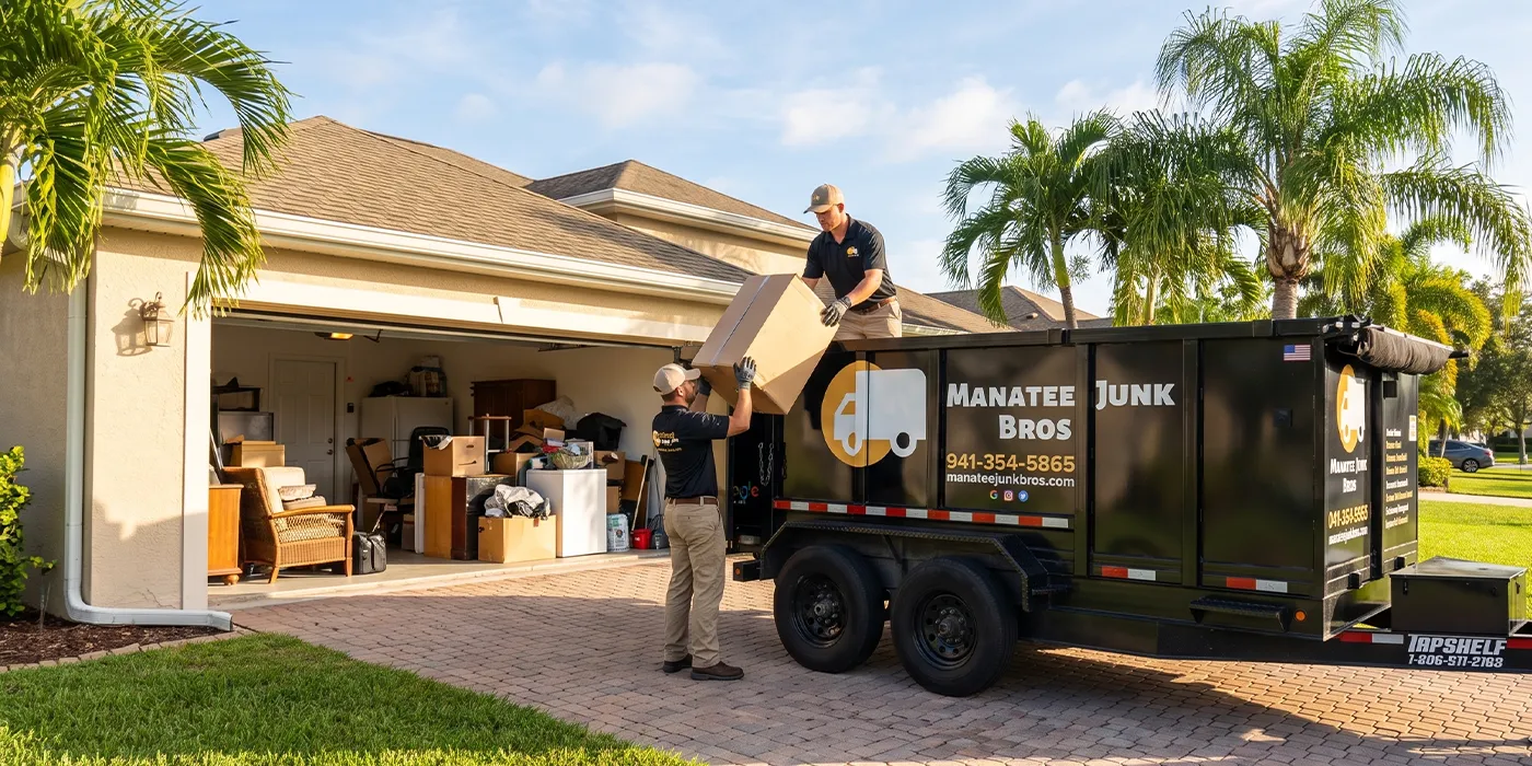 Manatee Junk Bros crew loading items into their trailer during a garage cleanout at a Bradenton, FL home