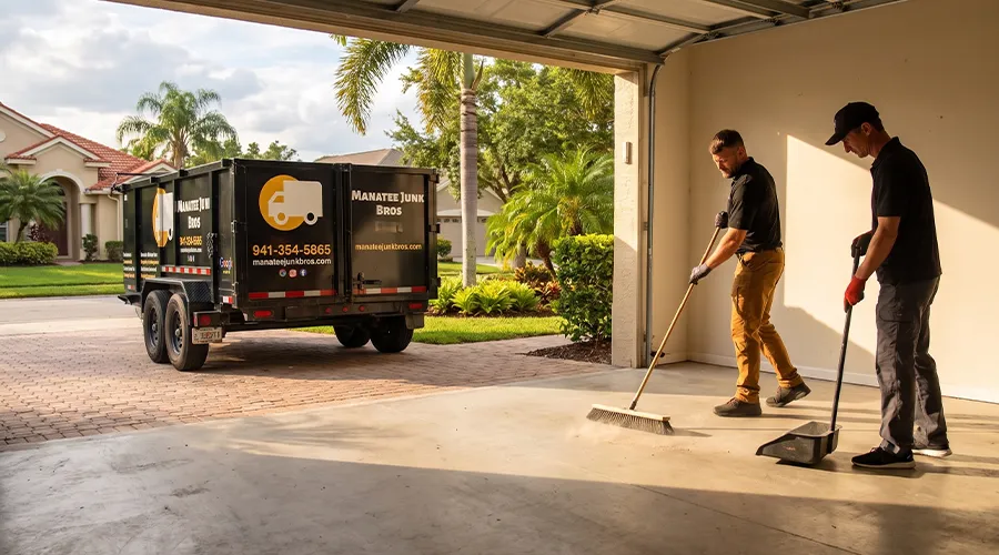 Manatee Junk Bros crew sweeping an empty garage after completing a full garage cleanout in Bradenton, FL