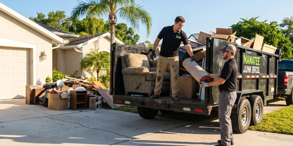Manatee Junk Bros crew loading a couch and rolled carpet into the trailer during a house cleanout in Bradenton, FL