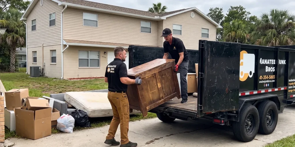 Manatee Junk Bros crew loading a dresser into the trailer during an apartment cleanout in Bradenton, FL