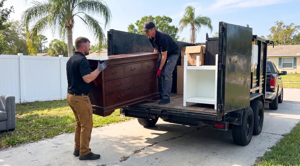 Manatee Junk Bros crew loading a wooden dresser into the trailer during a house cleanout in Bradenton, FL