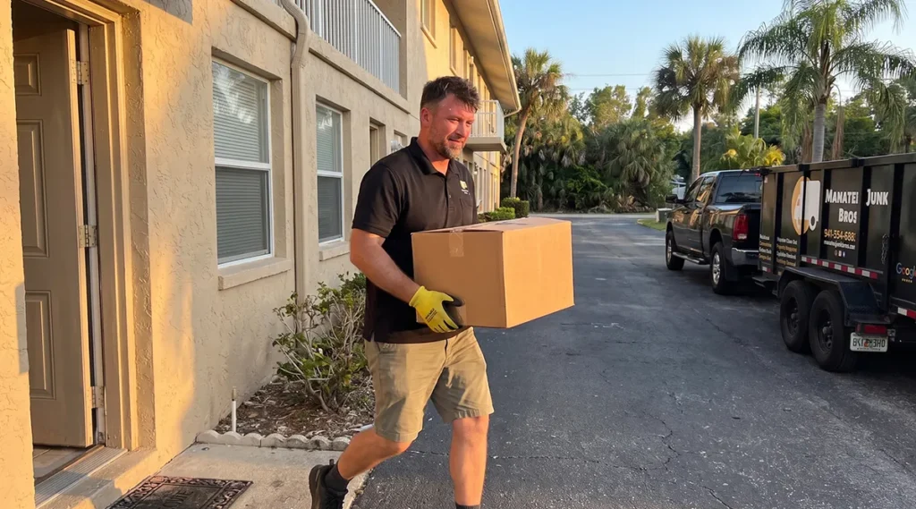 Manatee Junk Bros owner Andrew Turner carrying a box out of an apartment unit during a cleanout in Bradenton, FL