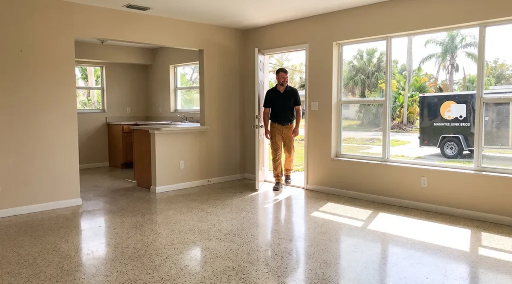 Manatee Junk Bros owner Andrew Turner walking through a cleared apartment unit in Bradenton, FL