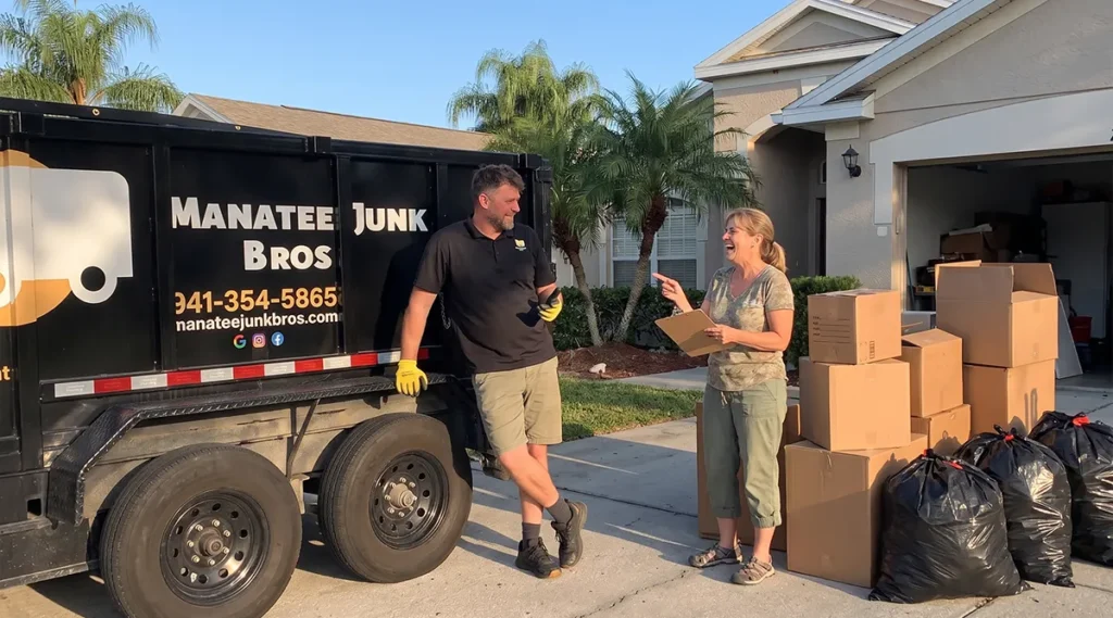 Manatee Junk Bros owner talking with a homeowner next to the trailer during a house cleanout in Bradenton, FL