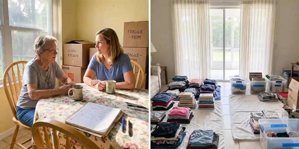 Older woman and her adult daughter planning a home downsizing project at a kitchen table in Bradenton, FL