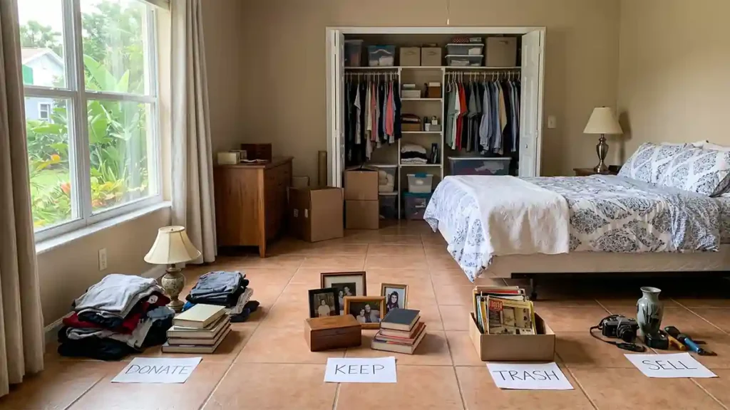 Belongings sorted into four labeled zones while working through a downsizing checklist for seniors