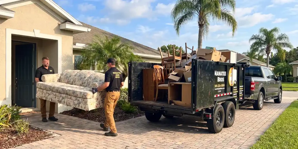 Manatee Junk Bros crew loading furniture during a job that shows what estate cleanout cost covers in Bradenton, FL